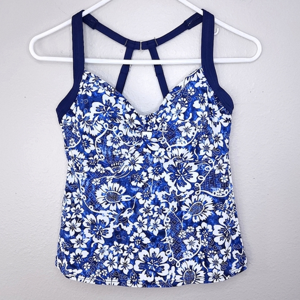 New! Title Nine Pele Tankini Swim Tank Top 32D Blue White Floral Underwire